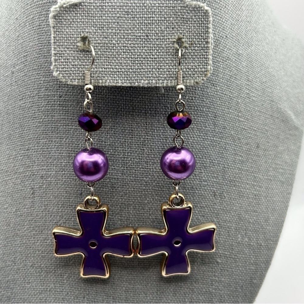 Purple and Gold Tone Chunky Maltese Cross Long Dangle Earrings Purple Beaded